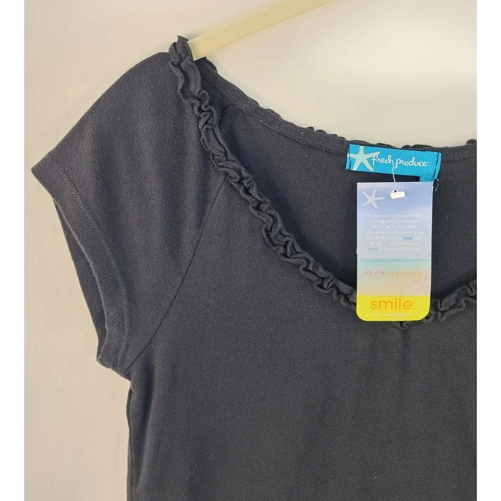 Fresh Produce Ruffle V Neck Top Women's S Black Cap Sleeve Minimalist